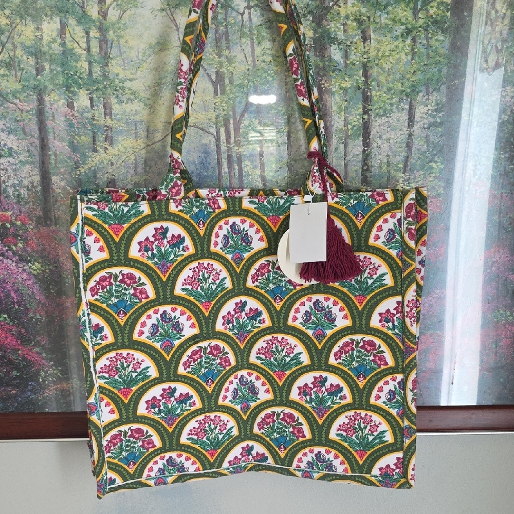 Harper Green and Pink Floral Canvas Tote with Tassel, NWT